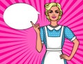 Vector comic pop art style illustration of pretty cute housewife pointing finger up.