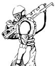 Vector comic-style futuristic soldier with a rifle on the shoulder