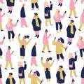 Vector communicating people seamless pattern in pink, yellow and blue. vector repeating tile with people and phones taking selfie.