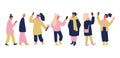 Vector communicating people set in pink, yellow and blue colors. isolated vector people with phones and gadgets taking selfies.