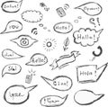 Vector communication chat bubbles greeting languages doodle doodling hand drawn arabic russian french italian english stickers