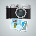 Vector compact photo camera with winter leisure snapshots top view for advertisement layout.