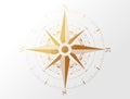 Vector compass wind rose logo picture. Golden color on light white grey gradient background. Columbus day or travel design element Royalty Free Stock Photo