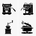 Black silhouettes of kitchen appliances, including coffee makers, grinder, and cooking pot are isolated Royalty Free Stock Photo