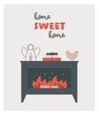 Vector composition with cozy fireplace, candle, books, decorative toy and phrase home sweet home.