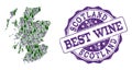 Composition of Grape Wine Map of Scotland and Best Wine Stamp