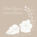 Vector composition of hand drawn tropical flowers, palm leaves, jungle plants, paradise bouquet. Floral illustration in sketch Royalty Free Stock Photo