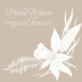 Vector composition of hand drawn tropical flowers, palm leaves, jungle plants, paradise bouquet. Floral illustration in sketch Royalty Free Stock Photo