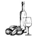 Vector composition with mussels, wine bottle and glass Royalty Free Stock Photo