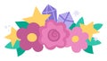 Vector composition with pink flowers, leaves., stars and purple diamonds. Unicorn treasure concept. Floral fantasy world