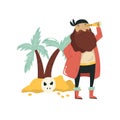 Vector composition of a pirate with a spyglass on an island with palm Royalty Free Stock Photo