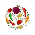 Vector composition with vegetables: carrot, tomato, peppers and onion