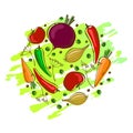 Vector composition with vegetables: carrot, tomato, peppers and onion