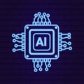 Vector computer electronic chip neon glowing outline AI icon. Line microchip processor artificial intelligence, cpu, iot