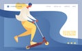 Vector concept banner with blue wave and young teen character riding kick scooter in helmet. Landing page template good for