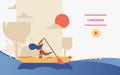 Vector concept banner for canoeing or kayaking with woman in hat sailing with single-bladed paddle and canoe outdoors