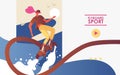 Vector concept banner or landing page template good for flyboarding sport and extreme water activities. Young woman in helmet