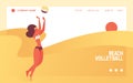 Vector concept banner with young woman jumping with ball, playing beach volleyball. Yellow bright waves on background Royalty Free Stock Photo