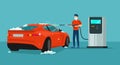 Vector concept for car washing service. A man in medical mask washes a car in a self-service car wash