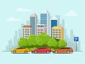 Vector concept cars parked in the parking lot along city street with green trees. Urban landscape. Royalty Free Stock Photo