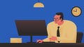 Vector concept illustration of a man working at the desk in the office. Person in a suit and glasses sitting at the computer in a Royalty Free Stock Photo