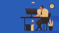 Vector concept illustration of a man working at the desk in the office. Person in a suit and glasses sitting at the computer in a Royalty Free Stock Photo