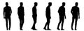 Vector concept conceptual black silhouette of a casually dressed man walking from different perspectives