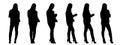 Vector concept conceptual black silhouette of a woman checking her phone from different perspectives isolated on white background