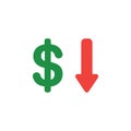 Vector concept of dollar with arrow down icon on white with flat Royalty Free Stock Photo