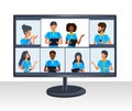 Vector concept of group corporate video conference. Multi ethnic business team working at online meeting by video call.