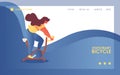 Vector concept gym banner or landing page template with young woman character riding exercise bike. Blue wave on background Royalty Free Stock Photo