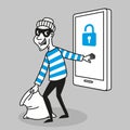 Vector concept. Hacker steals personal data and funds from a mobile phone. Character in cartoon style Royalty Free Stock Photo