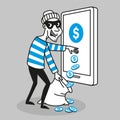 Vector concept. Hacker steals personal data and funds from a mobile phone. Character in cartoon style Royalty Free Stock Photo