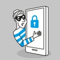 Vector concept. Hacker steals personal data and funds from a mobile phone. Character in cartoon style Royalty Free Stock Photo