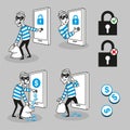 Vector concept. Hacker steals personal data and funds from a mobile phone. Character in cartoon style Royalty Free Stock Photo