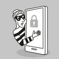 Vector concept. Hacker steals personal data and funds from a mobile phone. Character in cartoon style Royalty Free Stock Photo