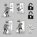 Vector concept. Hacker steals personal data and funds from a mobile phone. Set of Characters in cartoon style Royalty Free Stock Photo