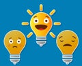 Vector concept of idea, brainstorm and teamwork. Light bulbs with character faces. Cute design element. Simple illustration for pr