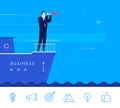 Vector concept illustration. Businessman standing on a boat