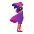 Vector concept illustration with lovely young woman character drawn in vivid bright gradients with a smartphone in hands