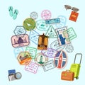 Vector concept illustration with post marks and immigration stamps all over the world and cartoon baggage, camera and Royalty Free Stock Photo