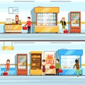 Vector concept illustration of shopping. Peoples in supermarket interior. Shop counter and different products. Checkout