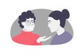 Vector concept illustration of two people having a conversation. Two women talking and smiling. The older woman gives advice to