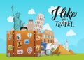 Vector concept illustration with worldwide sights dropping from suitcase on sky background with lettering