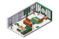 Vector concept isometric 3d interior scene with family double hotel room number with wooden furniture abd green fabric decoration