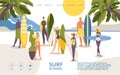 Vector concept landing page for surfers surf school banner. Flat characters with surfboards, palms and icons