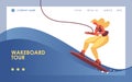 Vector concept landing page template with woman on wakeboard, decorated with blue wave. Dynamic banner good for web site sport and