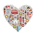 Vector concept of London city Travelling doodles elements collection in the heart shape. Hand drawn London travel set Royalty Free Stock Photo