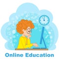 Vector concept online education, distance learning. Character in cartoon style. A curly-haired red-haired boy at the Royalty Free Stock Photo