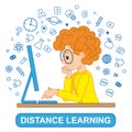 Vector concept online education, distance learning. Character in cartoon style. A curly-haired red-haired boy at the Royalty Free Stock Photo